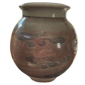 Vintage handmade pottery vase with fish accents